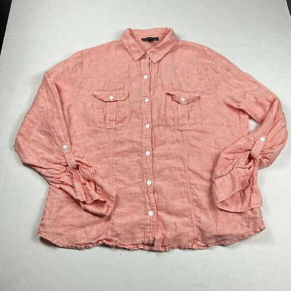 Saks Fifth Avenue Tops - Saks Fifth Avenue Womens Linen Button Down Shirt Orange Long Sleeve Casual Large